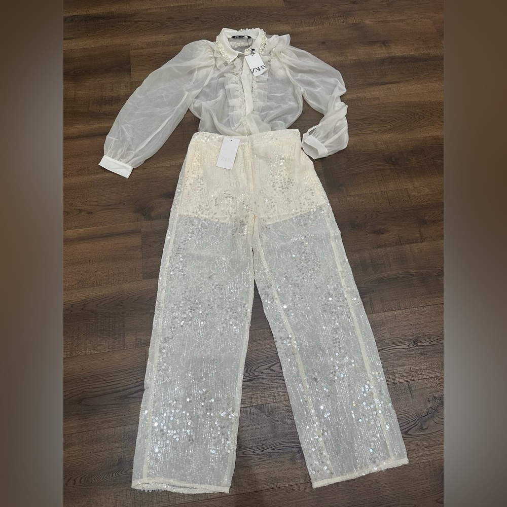 Zara Cream Sequin Wide Leg pant suit